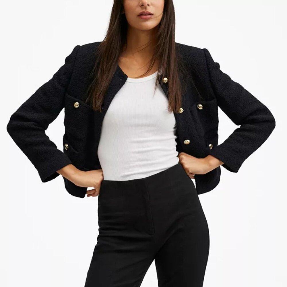 Mango Black Textured Cropped Blazer with Gold Buttons